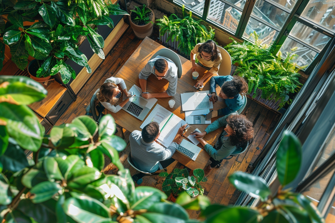 Espace coworking rempli de professionnels  
Bureau partagé stimulant la créativité