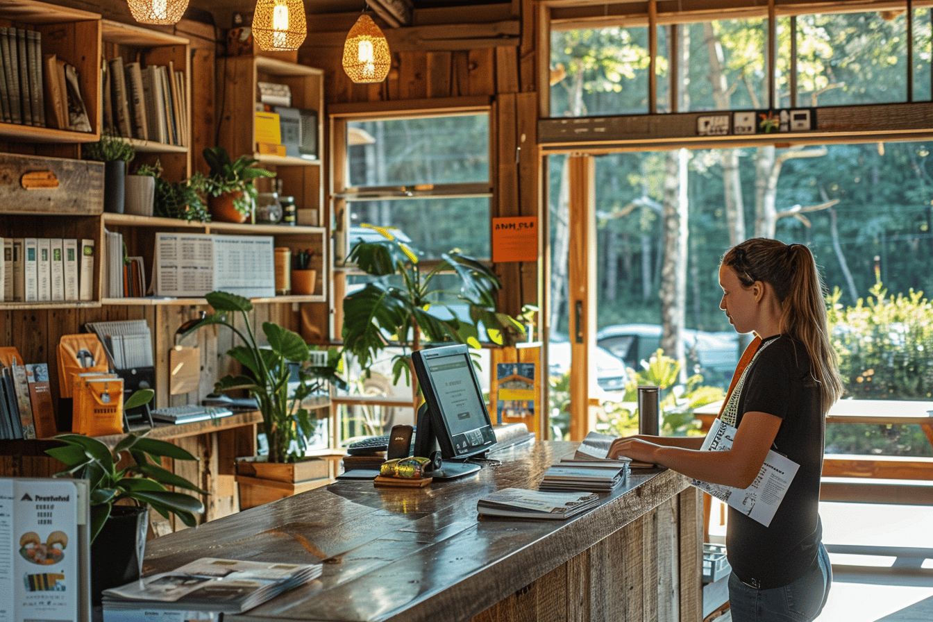 Femme accueillant des vacanciers au camping  
Réceptionniste souriante aidant des campeurs joviaux